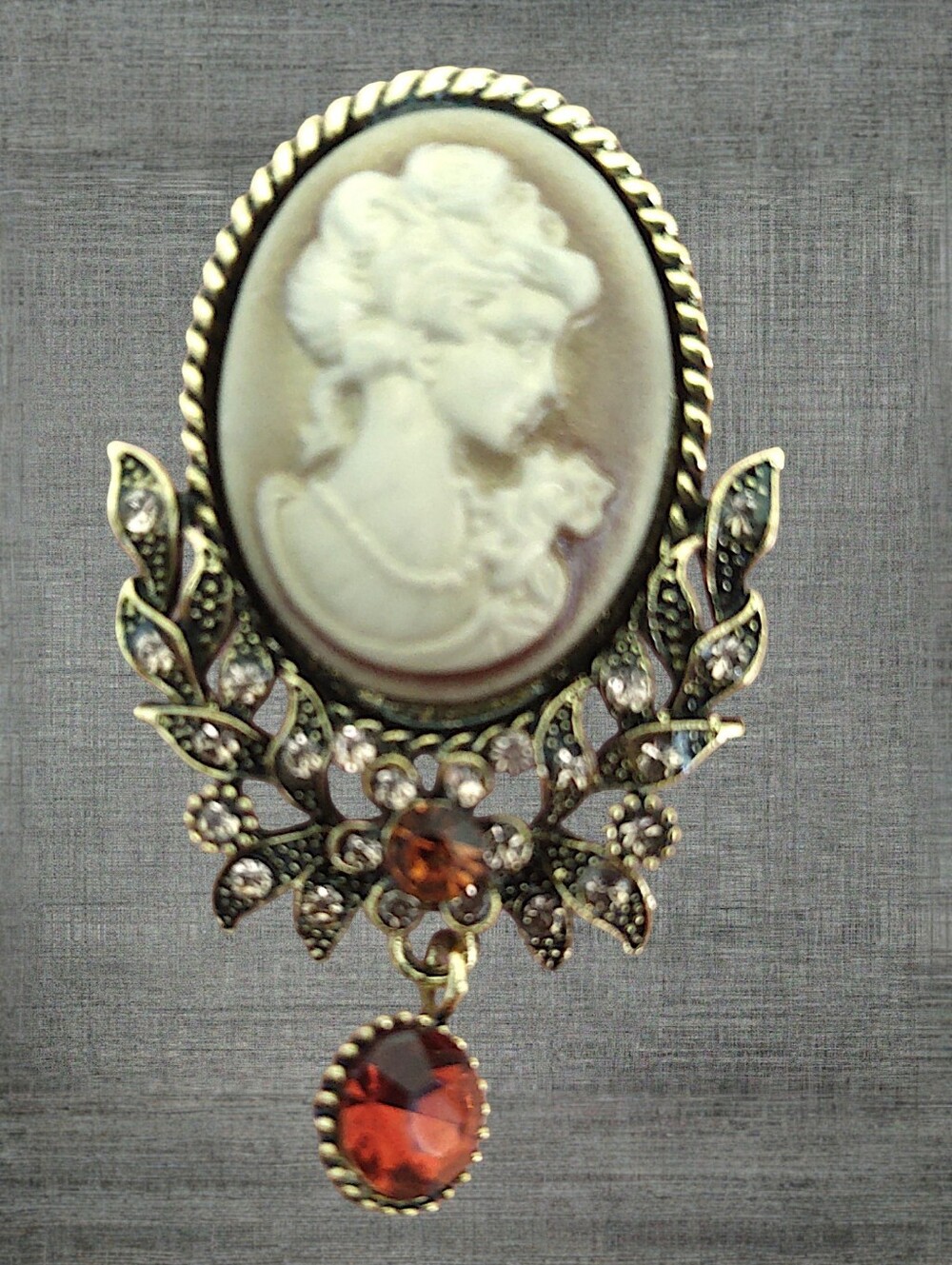 Cameo Brooch with Amber Rhinestone Accents